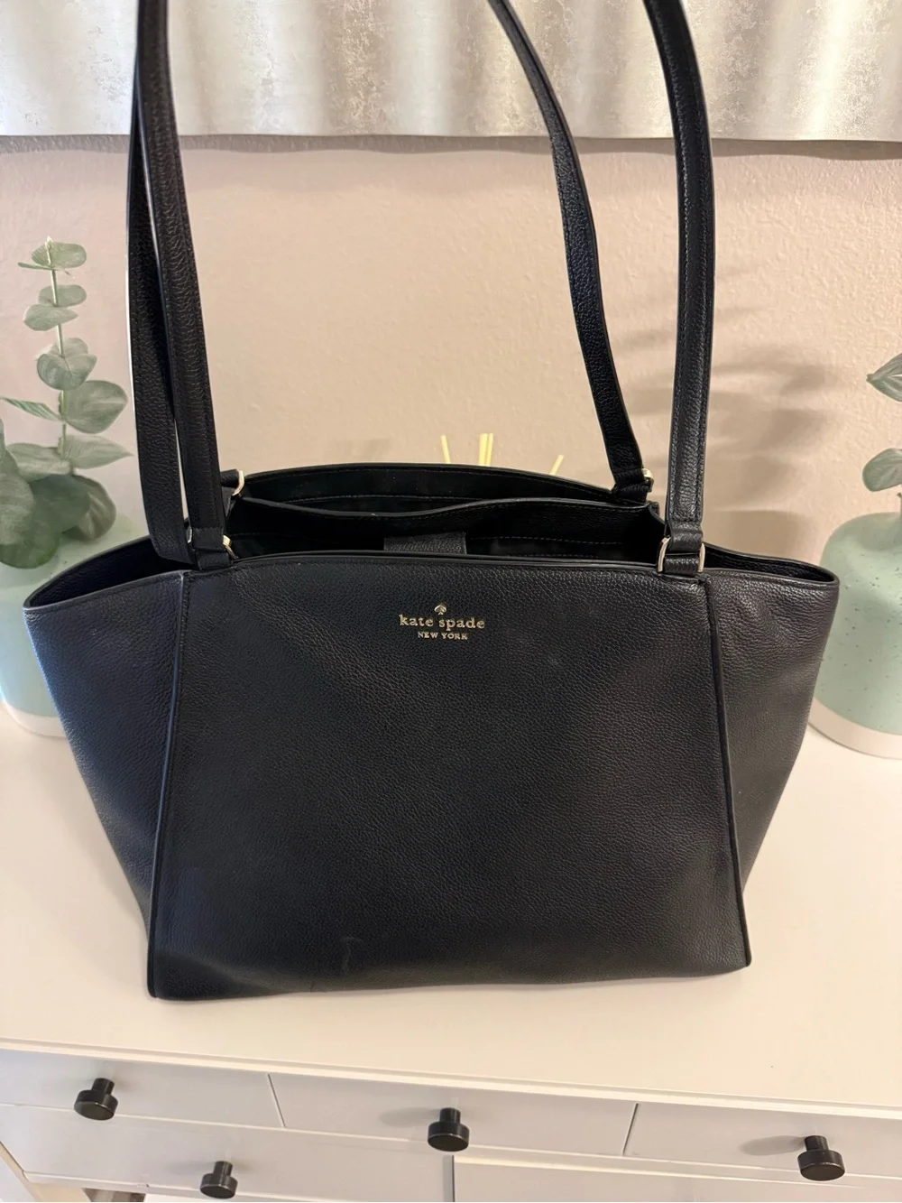 kate spade Black Pebbled Leather Tote with Gold Logo